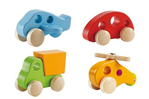 6943478016552 - HAPE WOOD CARS SET (4 PIECES) - EARLY EXPLORER WOODEN TOY VEHICLES - INCLUDES LITTLE COPTER, DUMP TRUCK, PLANE AND MINI VAN