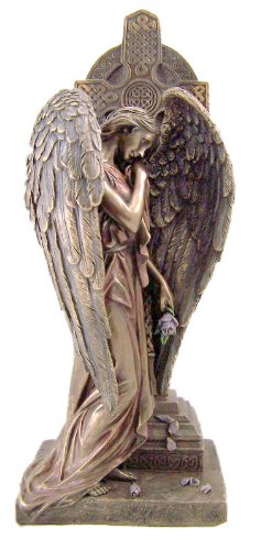 6944197119173 - WEEPING ANGEL OF GRIEF LEANING ON CELTIC CROSS 12 1/4 INCH COLORED BRONZE GOTHIC ART STATUE