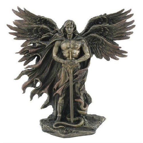 6944197121213 - SIX WINGED GUARDIAN ANGEL WITH SWORD AND SERPENT 11 INCH COLORED COLD CAST BRONZE STATUE
