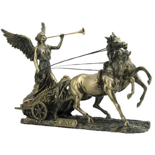 6944197121268 - GREEK GODDESS NIKE WITH TRUMPET ON TWO HORSE CHARIOT 11 1/4 INCH COLD CAST BRONZE STATUE