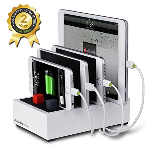 6945624911995 - AVANTREE FAST MULTIPLE DEVICES CHARGING STATION | 4 PORT 22.5W 4.5A SMART CHARGER + UNIVERSAL DOCKING + CORD ORGANIZER | FOR SMARTPHONES & TABLETS | POWERHOUSE WHITE
