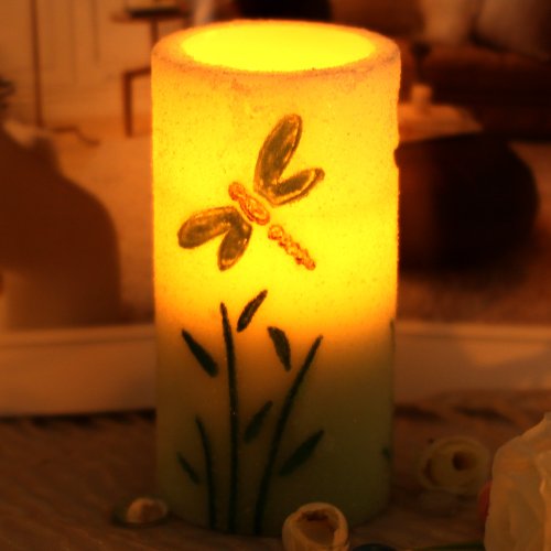 6952303800778 - HOME IMPRESSIONS SPRING FLAMELESS LED CANDLE WITH TIMER, EMBOSSED GREEN DRAGONFLY AND WORK WITH 2 C BATTERY