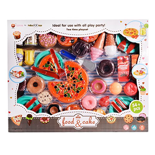 6952986288092 - EMOREFUN KIDS PLASTIC PLAY FOOD SET PRETEND PLAY FOOD AND DRINK TOYS WITH PIZZA TEA PARTY PLAYSET (54 PIECES)