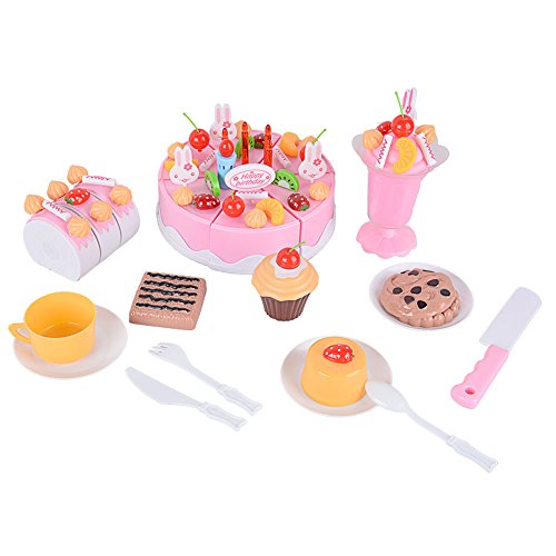 6953055335372 - GLOWSOL 75-PIECE BATTERY POWERED PLASTIC BIRTHDAY CAKE SET PLAY FOOD SET FOR PRETEND PLAY WITH MUSIC (PINK)