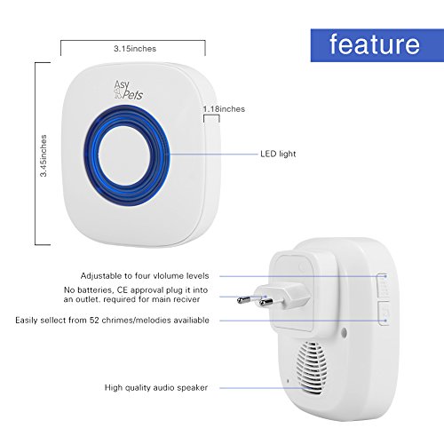 6953055751189 - WIRELESS DOORBELL CHIME WITH SMART PET TRAINING DOOR BELL FOR SMALL, MEDIUM, LARGE DOG CAT, REACHES 500 FT DISTANCE, 52 CHIME TUNES, 4 VOLUME LEVELS, LED INDICATOR, 2 TRANSMITTERS, 1 PLUG-IN RECEIVER