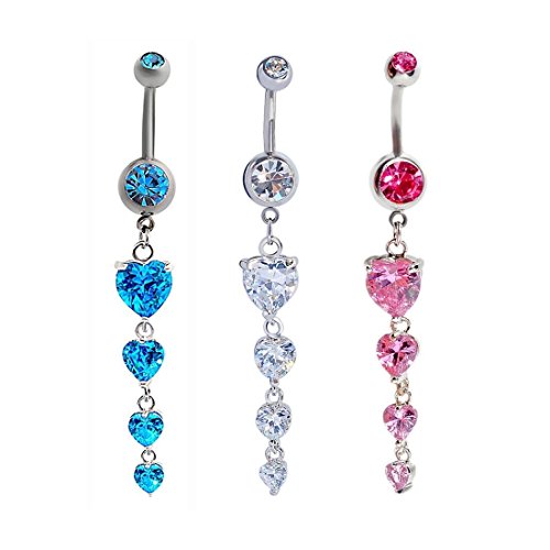 6953061014377 - 14G SEXY CRYSTAL LOVE HEART LONG DANGLE BARBELL BELLY BUTTON NAVEL RING PIERCING CLEAR,WHITE GOLD,