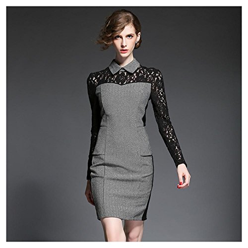 6953100911544 - 2016 FASHION LONG-SLEEVE LACE PATCHWORK SLIM ONE-PIECE DRESS PLUS SIZE CLOTHING COLOR:GRAY SIZE:S