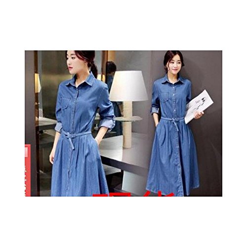 6953101071513 - SPRING AUTUMN LONG SLEEVE DRESS KOREAN CASUAL ELEGANT MIDI DENIM JEANS DRESSES COLOR:BLUE SIZE:XL