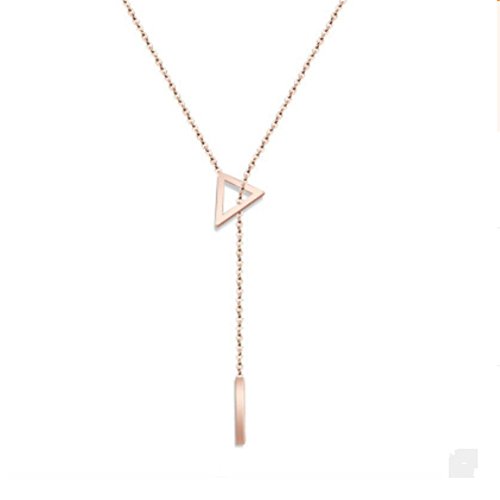 6953124291424 - WOMEN'S 18K ROSE GOLD PLATED STAINLESS STEEL PENDANT CHAIN NECKLACE IN CHIC Y SHAPED DESIGN MINIMALIST DELICATE JEWELRY (TRIANGLE + CYLINDRICAL)