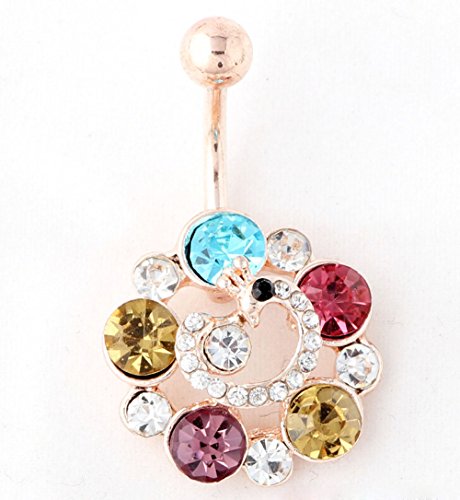 6953349820003 - 316L SURGICAL STEEL 14 GUAGE ROSY GOLD MULTI-GEMS FLOWERS BODY PIERCING BELLY BUTTON BARBELL NAVEL RING BAR