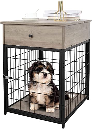 6955181738676 - AMYOVE FURNITURE STYLE DOG CRATE END TABLE WITH DRAWER, WOOD PET KENNELS SIDE TABLE BED NIGHTSTAND, INDOOR USE CHEW-PROOF DOG HOUSE FOR SMALL DOGS, GREY