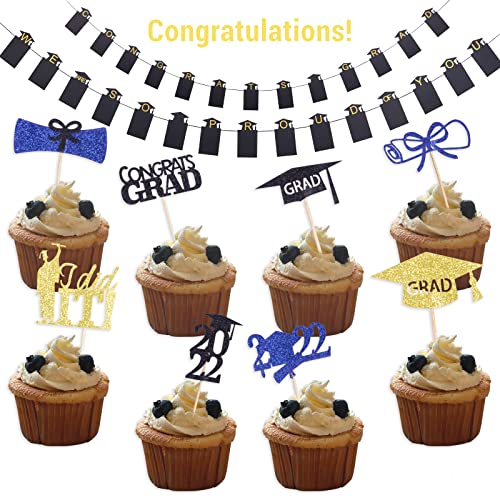 6955376014776 - GRADUATION PARTY SUPPLIES - CUPCAKE TOPPERS AND 2 PACK BLACK GOLD PHOTO BANNER, 8 DIFFERENT KINDS OF GRADUATION CUPCAKE PICKS AND 2 PACK PHOTO BANNER FOR GRADUATION PARTY DECORATIONS 48 PCS