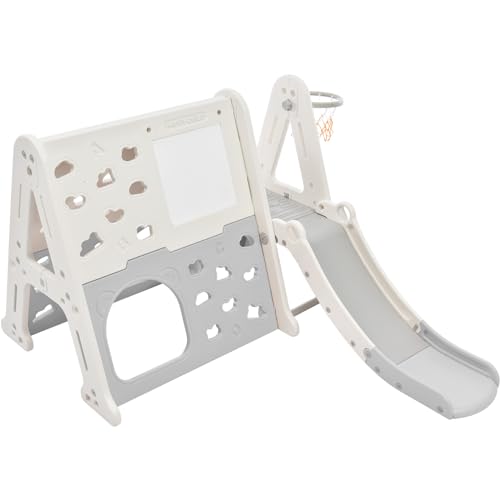 6955425416704 - 7-IN-1 TODDLER CLIMBER AND SLIDE SET KIDS PLAYGROUND CLIMBER SLIDE PLAYSET WITH TUNNEL, CLIMBER, WHITEBOARD,TOY BUILDING BLOCK BASEPLATES, BASKETBALL HOOP COMBINATION FOR BABIES