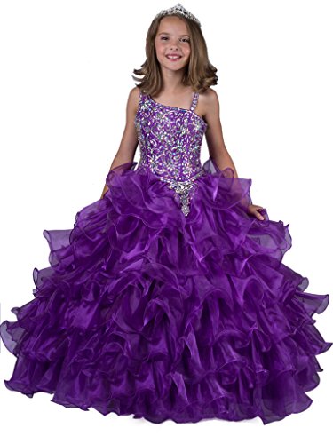6955574522493 - ZHIBAN GIRLS' ASYMMETRICAL STRAP CRYSTALS PAGEANT DRESSES RUFFLES BALL GOWNS 8 PURPLE