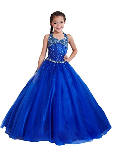 6955574532096 - ZHIBAN GIRLS' GLISTEN BEADING CORSET HALTER CLASSIC PAGEANT DRESSES 14 ROYAL BLUE