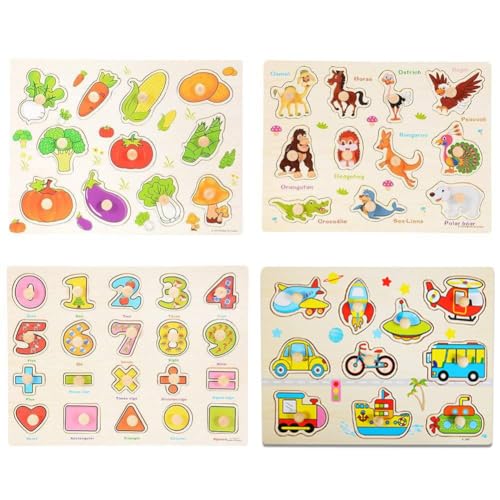 6955579551528 - WOODEN PUZZLES FOR TODDLERS 1-3,4 PCS WOODEN PEG PUZZLES(NUMBERS, ANIMALS VEGETABLE, AND VEHICLES),PRESCHOOL EDUCATION LEARNING PUZZLE TOYS FOR GIRLS AND BOYS