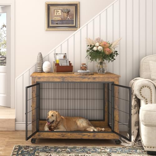 6955596417395 - FURNITURE STYLE DOG CRATE END TABLE,DOUBLE DOORS WOODEN WIRE DOG KENNEL WITH PET BED,DECORATIVE PET CRATE DOG HOUSE INDOOR FOR SMALL MEDIUM LARGE DOG 38.58 W X 25.2 D X 27.17 H