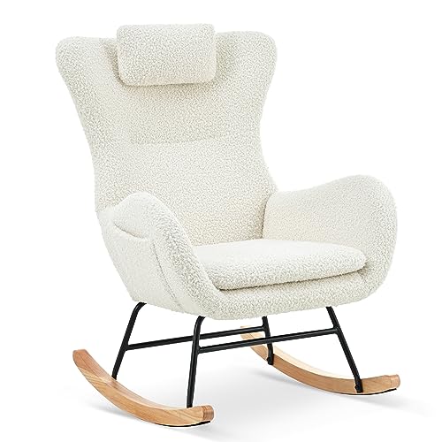 6955600141032 - CUISINSMART ROCKING CHAIR TEDDY UPHOLSTERED GLIDER CHAIR FOR NURSERY, MODERN ROCKER CHAIR WITH HIGH BACKREST ARMCHAIR ROCKING CHAIR INDOOR FOR LIVING ROOM, BEDROOM AND PLAYROOM WHITE