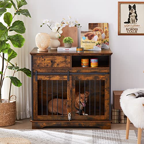 6955600804975 - DOG CRATE FURNITURE, DOG HOUSE INDOOR WITH SLIDING BARN DOOR, 35 WOOD DOG CRATE HEAVY DUTY DOG KENNELS DECORATIVE DOG CRATE FOR SMALL/MEDIUM/LARGE DOG BROWN