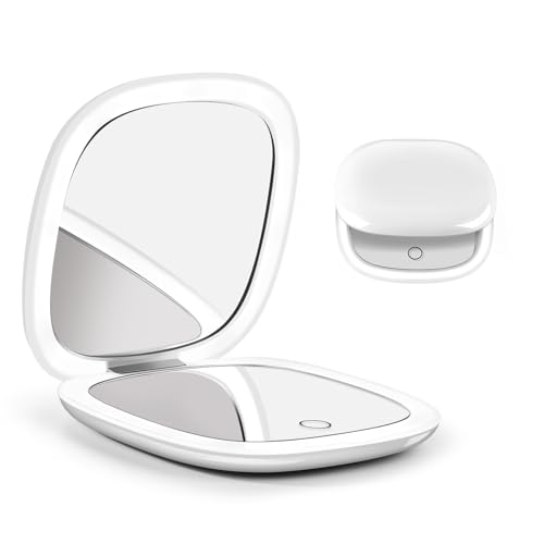 6955602879186 - SKYXIU LED LIGHTED TRAVEL MAKEUP MIRROR,1X/10X MAGNIFYING DOUBLE SIDED DIMMABLE PORTABLE POCKET,COMPACT MIRROR FOR HANDBAG AND POCKET,FOLDING,HANDHELD,2-SIDED,USB CHARGING(WHITE)