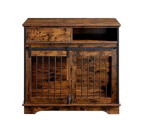 6955609163899 - TOYLINX DOG CRATES FOR MEDIUM DOGS, WOODEN DOG KENNEL INDOOR WITH SLIDING DOOR STORAGE DRAWERS, INDOOR PET HOUSE DOG CAGE SIDE END TABLE,SIZE:35.43 L X 23.62 W X 33.46 H(RUSTIC BROWN)