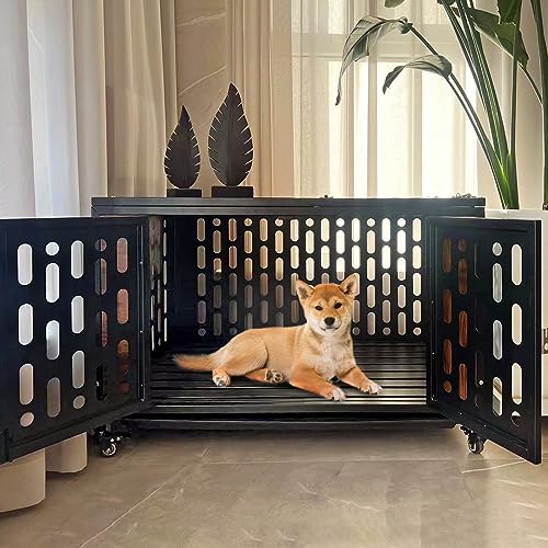 6955611830697 - DOG CRATE TABLE, WOODEN DOG CRATE, DOG CRATE END TABLE WITH CUSHION AND HOOKS, FURNITURE STYLE MESH PET KENNELS, DOG HOUSE INDOOR USE