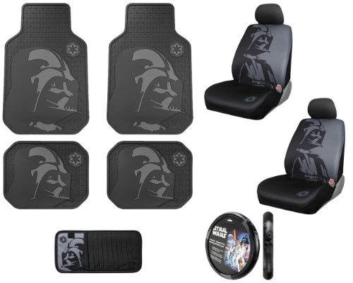 0696719498759 - STAR WARS DARTH VADER WITH GALACTIC EMPIRE LOGO FRONT & REAR CAR TRUCK SUV SEAT RUBBER FLOOR MATS & LOW BACK BUCKET SEAT COVERS W/ HEADREST COVERS & STEERING WHEEL COVER & 10 CD/DVD VISOR ORGANIZER - 10PC