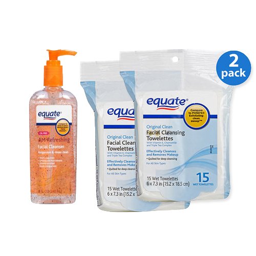 0697111129975 - EQUATE FACIAL CLEANSING TOWELETTES 15 CT (PACK OF 2) AND EQUATE AM REFRESHING FACIAL CLEANSER, 8 FL OZ BOTTLE THIS FACIAL CLEANSER PACK IS THE BEST IN EVERYDAY SKIN CARE FEEL INVIGORATED.