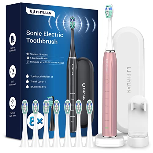 6974699204039 - PHYLIAN SONIC ELECTRIC TOOTHBRUSH FOR ADULTS AND WOMEN - RECHARGEABLE ELECTRONIC TOOTHBRUSHES WITH 5 MODES AND TIMER, WIRELESS CHARGE, 8 BRUSH HEADS, TRAVEL CASE, TOOTHBRUSH HOLDER, H15 ROSE GOLD
