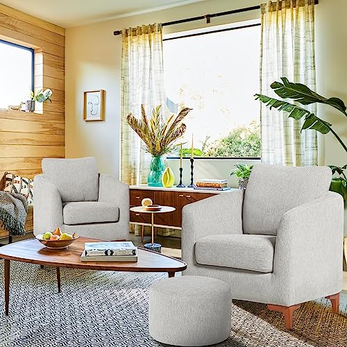 6975574735976 - COLAMY COZY ACCENT CHAIR & OTTOMAN SET OF 2, MODERN UPHOLSTERED FABRIC LIVING ROOM CHAIR ARMCHAIR WITH BACK PILLOW AND WOODEN LEGS FOR BEDROOM, READING ROOM, LIGHT GREY