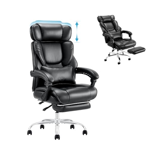 6975574738083 - COLAMY OFFICE CHAIR WITH FOOTREST-ERGONOMIC HIGH BACK DESIGN EXECUTIVE COMPUTER DESK CHAIR WITH REMOVABLE LUMBAR PILLOW, 90-150°RECLINING, THICK BONDED LEATHER FOR HOME OFFICE WORK COMFORT, BLACK