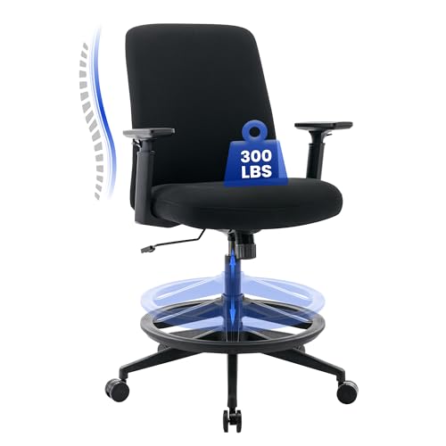 6975574739677 - COLAMY TALL OFFICE DRAFTING CHAIR, EXECUTIVE ERGONOMIC COMPUTER CHAIR WITH ADJUSTABLE ARMRESTS, STANDING DESK CHAIR WITH FOOTREST RING, SWIVEL ROLLING WORK CHAIR FOR ADULTS, 6734 BLACK