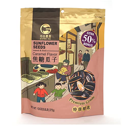 6976099130277 - GONG HE ROASTED & FRIED SUNFLOWER SEEDS, UNHULLED, RESEALABLE BAG, CARAMEL FLAVOR, 13 OZ, PACK OF 1