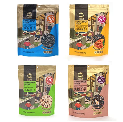 6976099131410 - GONG HE ROASTED & FRIED SUNFLOWER SEEDS, UNHULLED, RESEALABLE BAG, 4 PACK VARIETY(13 OZ EACH), ORIGINAL, CARAMEL, MULTI AND PECAN FLAVOR