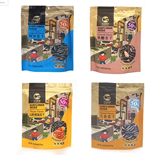 6976099131427 - GONG HE ROASTED & FRIED SUNFLOWER SEEDS, UNHULLED, RESEALABLE BAG, 4 PACK VARIETY(13 OZ EACH), ORIGINAL, CARAMEL, SPICED AND PECAN FLAVOR