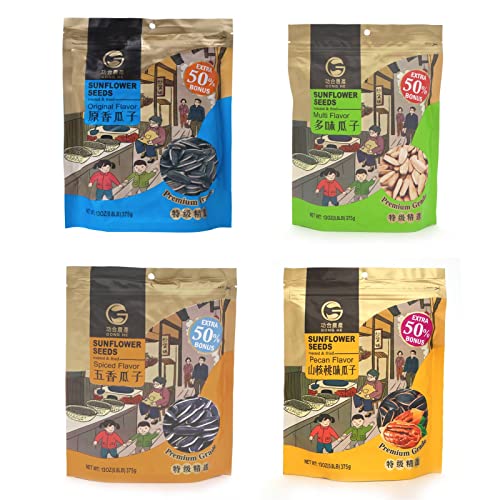 6976099131434 - GONG HE ROASTED & FRIED SUNFLOWER SEEDS, UNHULLED, RESEALABLE BAG, 4 PACK VARIETY(13 OZ EACH), ORIGINAL, MULTI, SPICED AND PECAN FLAVOR