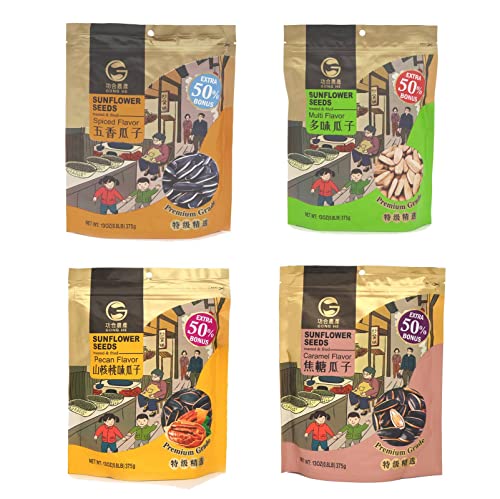 6976099131441 - GONG HE ROASTED & FRIED SUNFLOWER SEEDS, UNHULLED, RESEALABLE BAG, 4 PACK VARIETY(13 OZ EACH), CARAMEL, MULTI, SPICED AND PECAN FLAVOR