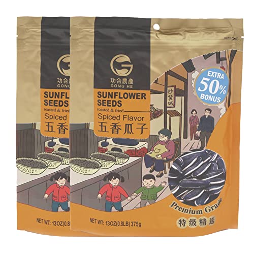 6976099132196 - GONG HE ROASTED & FRIED SUNFLOWER SEEDS, UNHULLED, RESEALABLE BAG, SPICED FLAVOR, 13 OZ, PACK OF 2