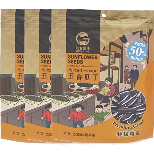 6976099132240 - GONG HE ROASTED & FRIED SUNFLOWER SEEDS, UNHULLED, RESEALABLE BAG, SPICED FLAVOR, 13 OZ, PACK OF 3