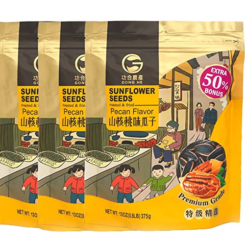6976099132257 - GONG HE ROASTED & FRIED SUNFLOWER SEEDS, UNHULLED, RESEALABLE BAG, PECAN FLAVOR, 13 OZ, PACK OF 3