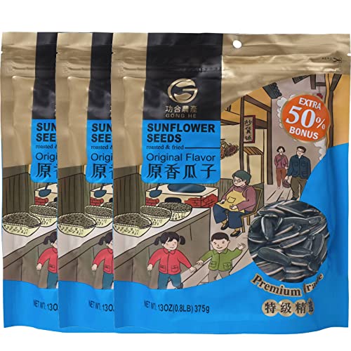 6976099132271 - GONG HE ROASTED & FRIED SUNFLOWER SEEDS, UNHULLED, RESEALABLE BAG, ORIGINAL FLAVOR, 13 OZ, PACK OF 3