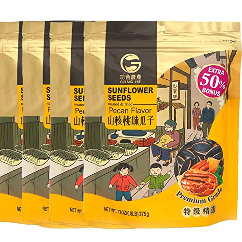 6976099132301 - GONG HE ROASTED & FRIED SUNFLOWER SEEDS, UNHULLED, RESEALABLE BAG, PECAN FLAVOR, 13 OZ, PACK OF 4