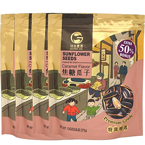 6976099132318 - GONG HE ROASTED & FRIED SUNFLOWER SEEDS, UNHULLED, RESEALABLE BAG, CARAMEL FLAVOR, 13 OZ, PACK OF 4