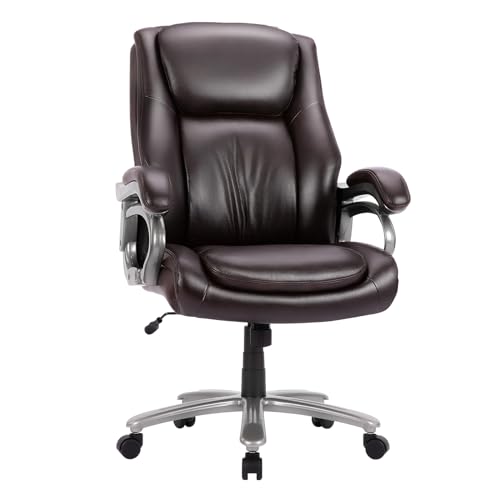 6977155471785 - COLAMY BIG AND TALL OFFICE CHAIR 400LBS, HIGH BACK LEATHER EXECUTIVE COMPUTER DESK CHAIR, HEAVY DUTY HOME OFFICE CHAIR WITH DURABLE METAL BASE AND ERGONOMIC BACK SUPPORT FOR HEAVY PEOPLE-BROWN