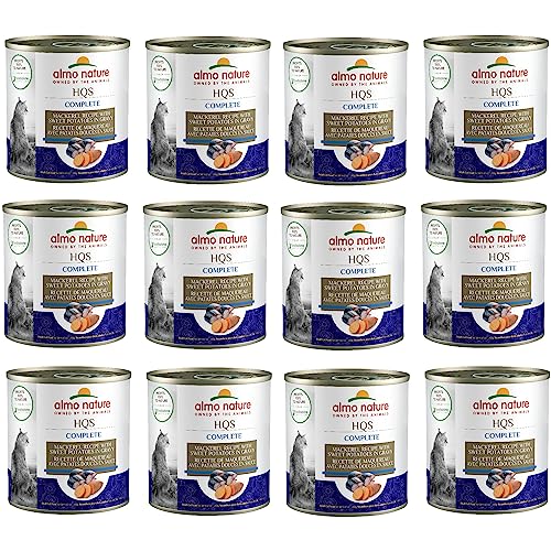 0699184011911 - PHILLIPS FEED & PET SUPPLY ALMO NATURE: HQS COMPLETE CAT 12 PACK: MACKEREL RECIPE WITH SWEET POTATOES IN GRAVY - 9.87OZ CANS, ADULT CAT CANNED WET FOOD, GRAIN FREE, DAILY MEAL