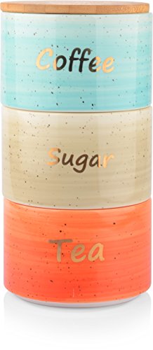 0699256000065 - UNO CASA CERAMIC CANISTER SET FOR COFFEE TEA SUGAR - 3 PIECE KITCHEN STORAGE JARS WITH BAMBOO AIRTIGHT LID - SUITABLE AS FOOD CONTAINERS