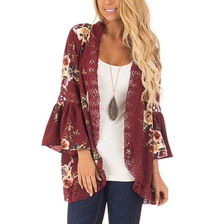 0699954899138 - WOMENS FLORAL LOOSE BELL SLEEVE KIMONO CARDIGAN LACE PATCHWORK COVER UP BLOUSE TOP