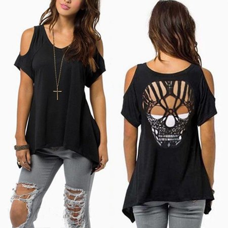 0699986214565 - WOMEN COLD SHOULDER SHORT SLEEVE T-SHIRT CUT HOLLOW SKULL BACKLESS BLOUSE CASUAL TOP