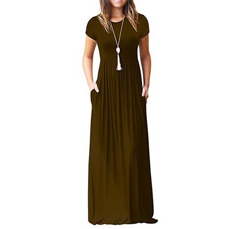 0699998711373 - CASUAL LONG DRESS FOR WOMEN SOLID COLOR SHORT SLEEVE MAXI DRESS WITH POCKET
