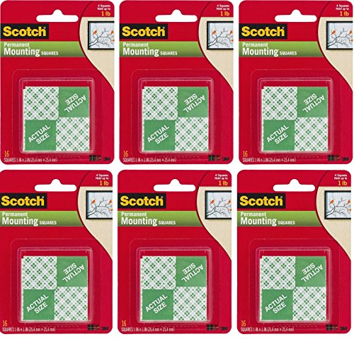 0700064836309 - 3M SCOTCH PRECUT FOAM MOUNTING SQUARES HEAVY DUTY, 1 INCH, 16 COUNT (PACK OF 6)